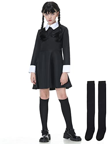 Disfraz Miércoles Niña,Miércoles Falda Niña,Miércoles Disfraces Cosplay Dress Halloween Carnaval Fiesta Navidad(6 años,Falda+calcetines negros)