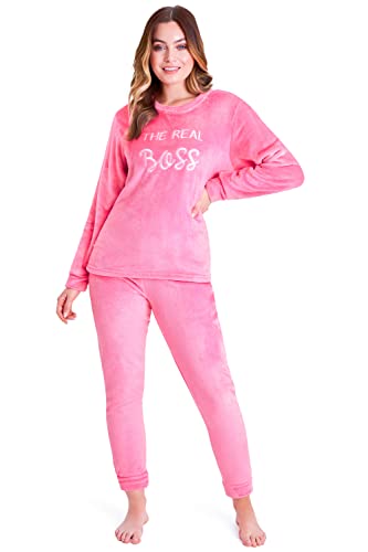 Pijama Mujer Invierno Polar Suave, Conjuntos de Pijamas de Manga Larga S-XL (M, Rosa)