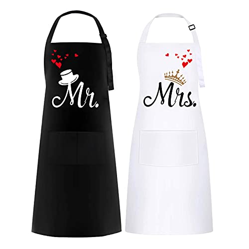 FunChaos 2 Parejas Delantales, Delantales de Cocina, Delantales de Chef, Delantales Impermeables para Hombres y Mujeres, Regalo para Bodas, Compromisos, día de San Valentín, Navidad (Blanco y Negro)