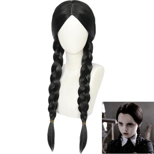 Kynkycos Pelucas Trenzadas Negras para Miercoles Pelucas para Disfraces de la Familia Addams Pelucas Trenzadas Largas Pelucas Sintéticas para Cosplay Fiesta Halloween Navidad（Capuchón de Peluca)