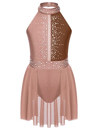 YOOJIA Vestido Tul de Baile Niña con Espalda Hueca Leotardo Maillot Body Elastico sin Mangas Brillante Disfraz Bailarina Competicion Niña 5-16 Años Café 9-10 años