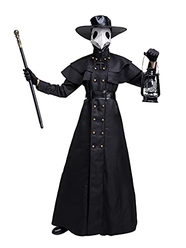 Feynman Disfraz medieval steampunk de médico de la peste negra para hombre, disfraz de médico para Halloween con juego de accesorios, color negro, talla XL