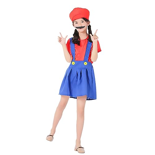 COXNSXX Disfraz de Super Plumber Brothers Disfraz de Videojuego para Niña/Mujer, incluye barba y sombrero, apto para carnaval y cosplay