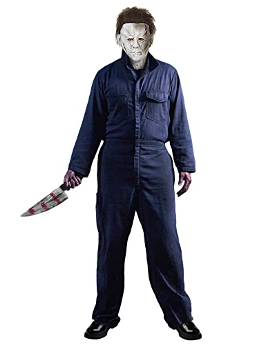 Geplaimir Disfraz de Michael Myers para adultos, 2 piezas, para hombre, Halloween, Michael Myers, cuchillo manchado de sangre, juego de disfraz para Halloween, mono de trabajo, mono azul marino 033S