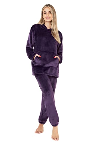 CityComfort Pijama Mujer, Pijama Mujer Invierno de Forro Polar Elegante Dos Piezas con Capucha S-XL (Morado, S)