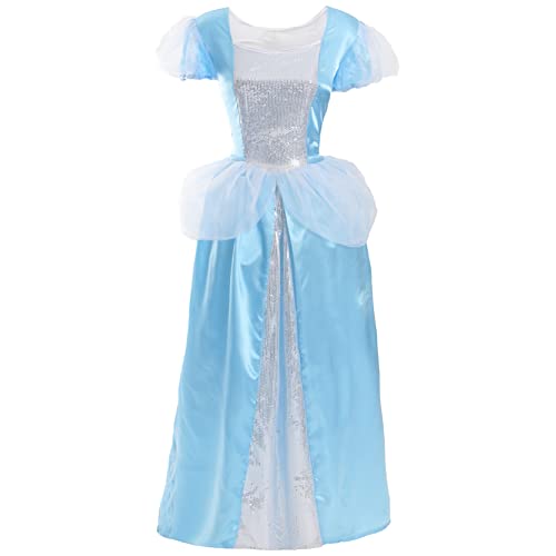 DISFRAZ DE CENICIENTA PARA MUJERES - VESTIDO DE SATÉN AZUL CON DETALLES DE LENTEJUELAS + POSTIZO DE CINTA AZUL - IDEAL PARA DISFRACES DE CUENTO DE HADAS Y LA SEMANA DEL LIBRO (EU 36-38)