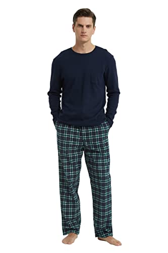 GLOBAL Pijamas Hombre Franela Cómodo Ropa Dormir Largo Suave Conjunto de Algodón Hombre Manga Larga Cuello Redondo y Pantalones Cuadros Top Negro, Pantalón Cuadros Verde Negro L