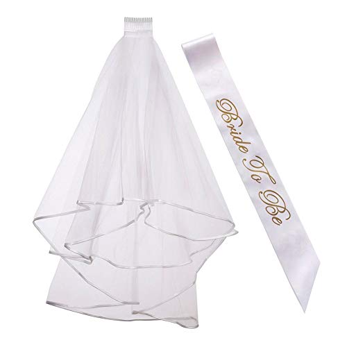 Velo Nupcial y Bride to be Faja Banda,Velo de Novia Blanco con Peine + Oro Bride to be Insignia Liga Banda Hen Do Party Accessories para Decoración Fiesta de Noche de Ducha