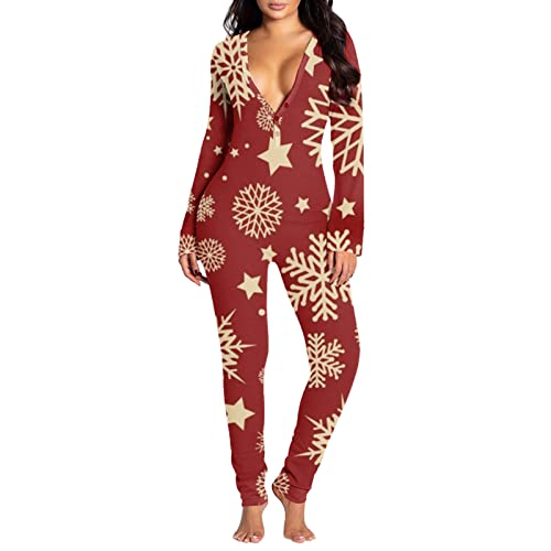 Ghemdilmn Mono de pijama para mujer sexy con botón trasero con solapa trasera y cuello en V, manga larga, pijamas con estampado navideño, colección de ropa de dormir de manga larga, Rosa intenso., M