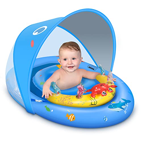 LAYCOL Flotador de Piscina para bebé con toldo de protección Solar UPF50+ y Consola de Juego de Juguetes, Asiento de Seguridad Ajustable, Flotador de Piscina para niños pequeños para 6-36 Meses(Azul)