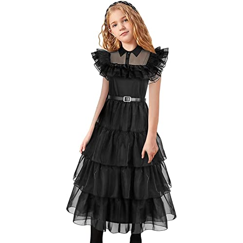 Shenrongtong Disfraz de Addams para niños, vestido de cosa de la familia Adams con cinturón, cosa de regalos de mercancía para niñas, decoración de fiesta de cosplay para niños de 3 a 15 años