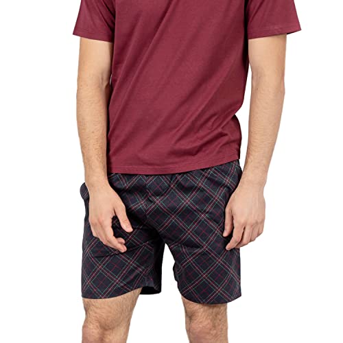 TRAMAS+ Pijama Hombre Verano Corto, Conjunto de Pijama Camiseta Manga Corta y Pantalon Corto, Pijama Cómodo y Fresco - (Friche Burdeos, L)