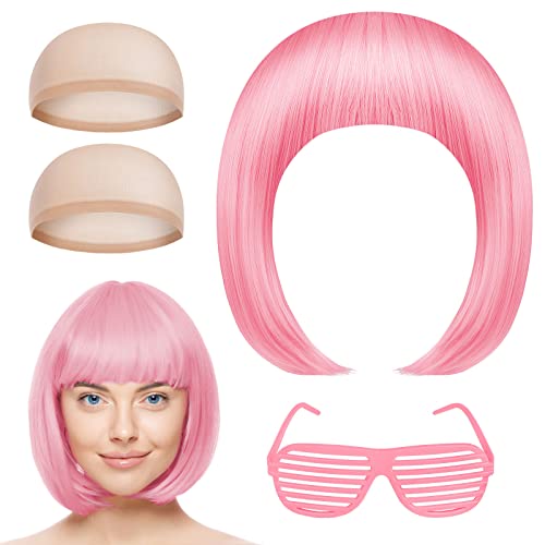 AOMIG Peluca Rosa, 4pcs Recta Corta Peluca de Anime Cosplay con Gafas y Redecilla Pelo, Pelucas Corto Bob con Flequillo de Sintética, Pelucas de Color Neón para Halloween Carnaval de Mujer y Niñas