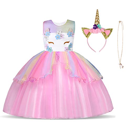 URAQT Disfraz de Unicornio, Vestido de Princesa Unicornio para Niñas, Vestido Elegante con Collar/Diadema para Cumpleaños/Cosplay/Boda, Edad 2-10 Años (Rosado, 130cm)