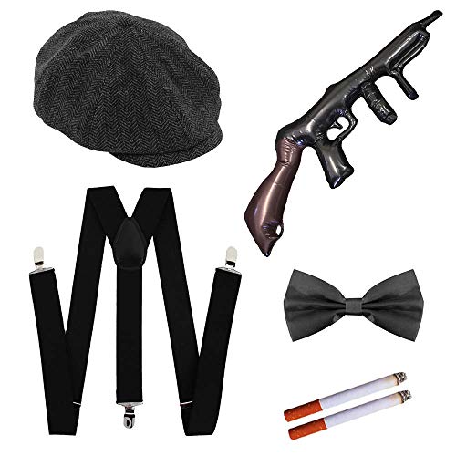 CONJUNTO DE GÁNGSTER DE 1920 DE LUJO PARA HOMBRES - GORRA DE LANA CON VISERA DE ESPIGA VICTORIANA GRIS DE 60 CM + CIGARRILLO FALSO + TIRANTES NEGRAS + PAJARITA DE RASO NEGRO + METRALLETA INFLABLE