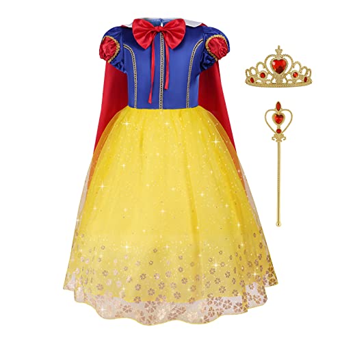 AOMIG Disfraz Blancanieves Niña, Disfraz Princesa Niña con Varita Mágica, Corona y Capa Roja, Vestidos Princesa Niña de Dibujos Animado, Disfraz Niña Halloween Cosplay Cumpleaño Carnaval Fiesta, 120cm