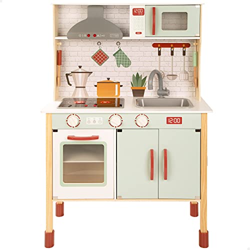 WOOMAX 49548 - Cocina de madera infantil con luz y sonido, con vitrocerámica y campana extractora, 104 x 70 x 30 cm, para niños y niñas