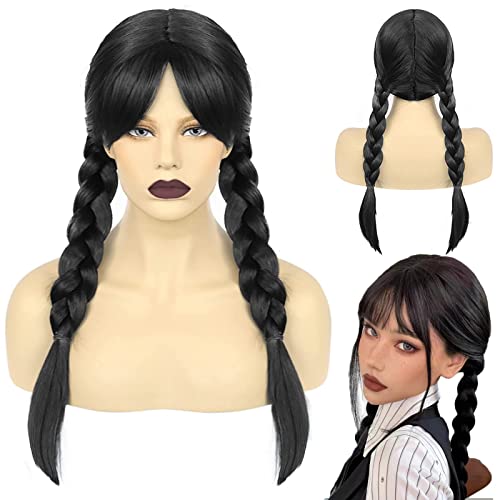 LIDEYE Peluca Miércoles Addams,Peluca De Miércoles Addams Para Niñas,Peluca Trenzas Miercoles para Mujer, Wednesday Addams Peluca Cosplay, Para Cosplay Fiesta, Carnaval, Halloween