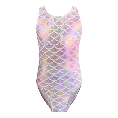Xzeemo Bañador de una Pieza para niñas, Traje de Baño de una Pieza Niña, Bañador Natación Infantil, Bikinis Playa con Estampado Sirena, Bañador Deportivo para Niñas Racerback Correa Gruesa (9-10)