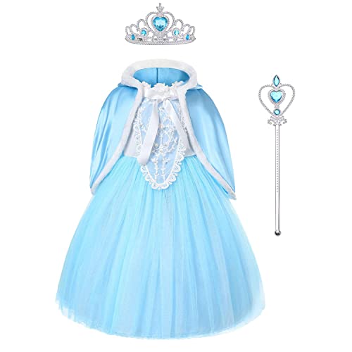 URAQT Disfraces Princesas Elsa, Disfraz de Princesa Niña con Accesorios de Tiara Elsa, Traje Princesas Niñas con Capa, Disfraz de Halloween para Niña de Cosplay, Cumpleaños, Carnaval, 130cm
