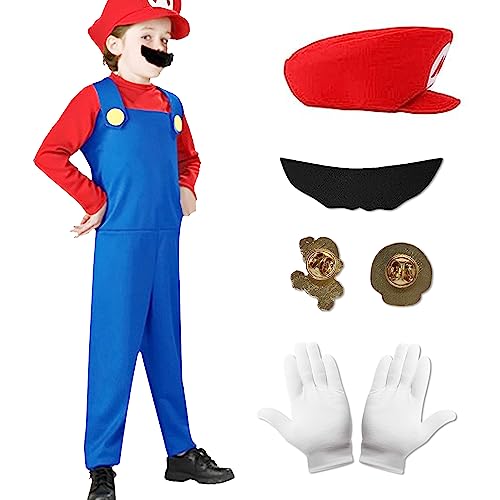 Amycute Disfraz de Super Bros Cosplay para Niños Adultos, Classic Traje con sombrero y bigote para Carnaval, Halloween, Disfraces (M, rojo chico)