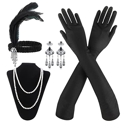 BBTO 4 Piezas Set de Accesorios de Disfraces de Flapper de Años 20 con Diadema de Plumas Guantes Largos Negros Collar de Perlas Pendientes para Mujer Damas Fiesta Accesorios de Década de 1920