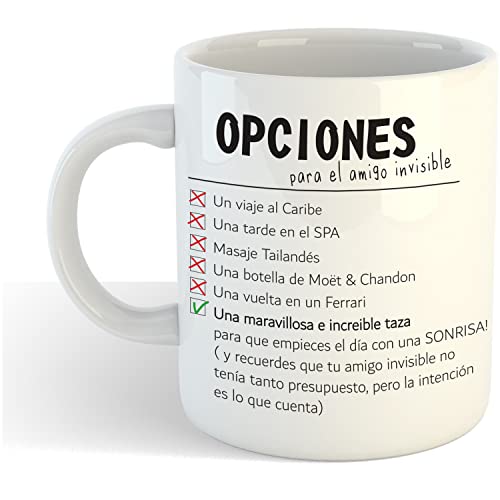 Muy Chulo Taza AMIGO INVISIBLE - Taza cerámica Blanca - 350 ml - Taza Frase motivadora - Regalo amigo invisible (Blanca)