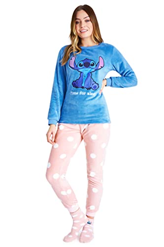 Disney Pijama Mujer Invierno de Polar con Calcetines Stitch Mickey Minnie Baby Yoda (Azul/Rosa Stitch, S)