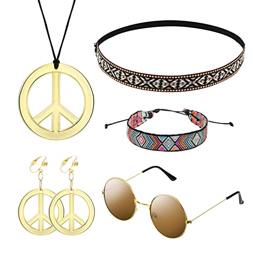 MIVAIUN 5 piezas Conjunto de Disfraces de Hippie, Accesorios de Vestir Hippie Retro de Los Años 60, 70, Bohemia Costume Set, Gafas de Sol, Collar de Signo de Paz, Bohemia Diadema