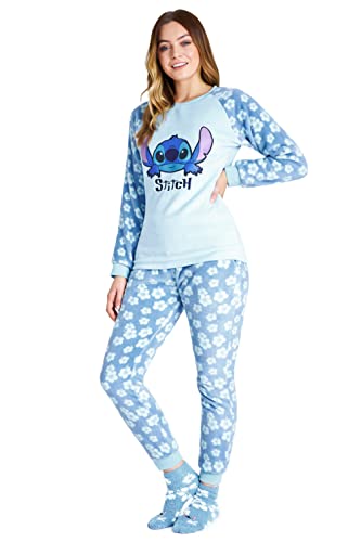 Disney Pijama Mujer Invierno de Polar con Calcetines Stitch Mickey Minnie Baby Yoda (Azul Stitch, M)
