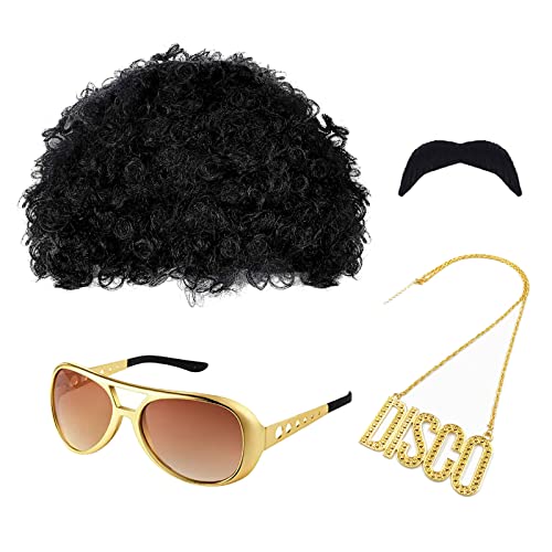 MIVAIUN 4 accesorios de disfraz hippie, disfraz hippy de los años 70, peluca afro funky, bigote, accesorios de los años 70 para hombres, disfraz hippie para hombre