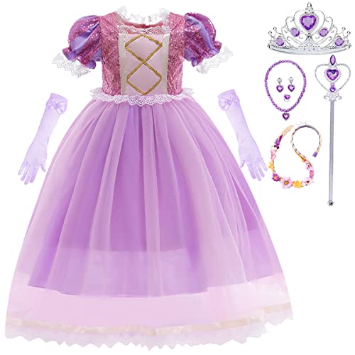 Snyemio Disfraz Princesa para Niña Rapunzel Vestido Morado Traje Carnaval Halloween Navidad, 3-4 Años