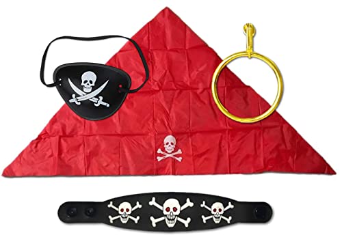 Fartoni Accesorios pirata con parche pirata, pañuelo pirata, parche pirata y pendiente. Completmentos pirata para disfraz pirata carnaval. Pañuelo pìrata rojo con parche y pendiente.