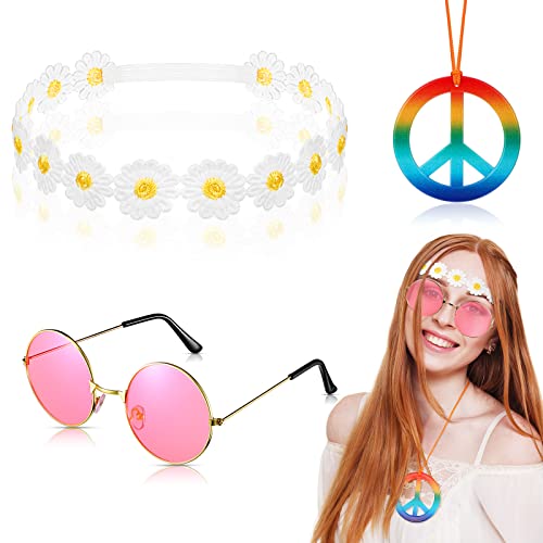 Set de Accesorios de Disfraces de Hippie Incluye Gafas Redondas de Años 60, Collar con Signo de Paz y Diadema con Margaritas para Cabello para Mujeres Hombres Fiesta Halloween