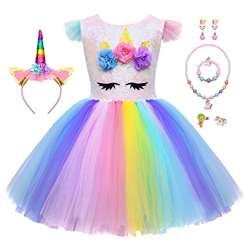 Tacobear Disfraz Unicornio Niña Vestido Unicornio Niñas con Diadema Unicornio Vestido Princesa Unicornio Pulsera Collar Anillo para Fiesta Carnaval Disfraces Vestido Halloween 3 4 5 6 7 8 9 10 años