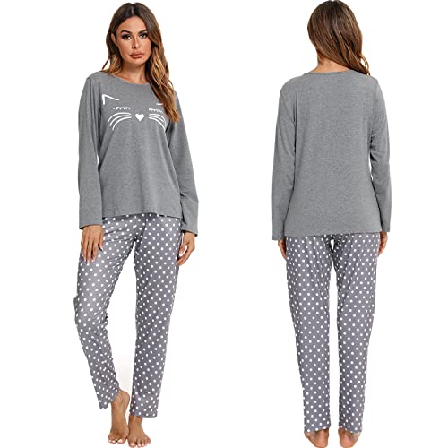 Pijama Mujer, Pijama Invierno Mujer Calentito Algodón con Mangas Largas Conjunto de Entero Pijama con Estampado Lindo 2 Piezas Pjs Lounge Wear