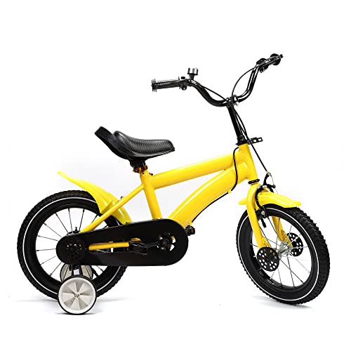 Fetcoi Bicicleta para niños, 14 pulgadas, amarilla, para niñas, niños, frenos de contrapedal, con ruedas estabilizadoras para niñas y niños de 3 a 8 años y más (amarillo)