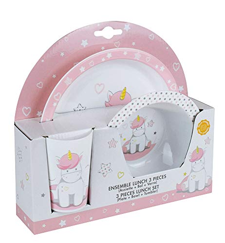 FUN HOUSE 005667 - Juego de vajilla infantil, de unicornio, para microondas (1 plato, 1 cuenco y 1 vaso)