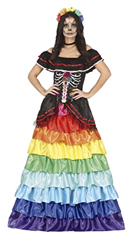 FIESTAS GUIRCA Disfraz de Catrina - Vestido Largo de Volantes Colores Arcoíris para Mujer Adulta Talla M 38-40
