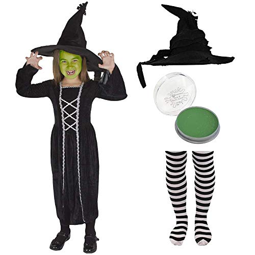 DISFRAZ DE BRUJA MALA DEL OESTE PARA NIÑAS. VESTIDO DE BRUJA MALA + SOMBRERO + PANTIMEDIA + PINTURA FACIAL VERDE. DISFRAZ DE BRUJA PARA NIÑOS PARA DÍA MUNDIAL DEL LIBRO/SEMANA DEL LIBRO (GRANDE)