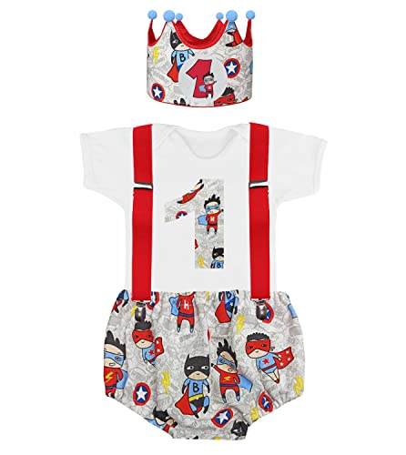 Kembilove Conjunto cumpleaños 1 año – Cubrepañal bebe niño – Conjunto 4 piezas ropa de Superhéroes – Regalos cumpleaños 1 año – Traje primer cumpleaños niña – Disfraz niño 1 año Manga corta