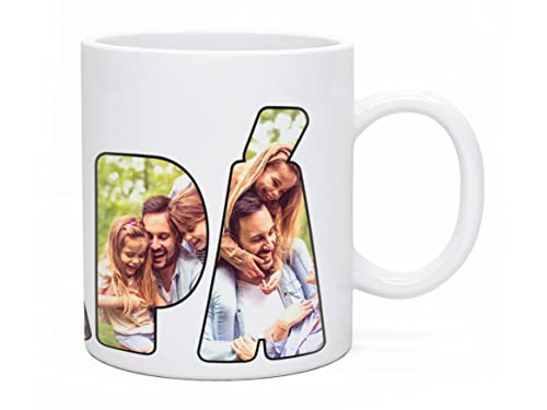 Made in Gift Taza Blanca de Cerámica con Asa 33cl 'Papá' Personalizada con Diseño Collage de Letras con Fotos como Regalo Original para el Día del Padre Apta para Microondas y Lavavajillas