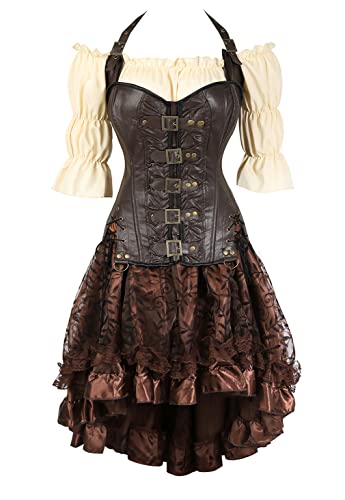 Grebrafan Corset Retro Falda Tul y Camisas Pirata Vintage Disfraces Corsés y Bustiers (EUR(38-40) XL, Marrón)