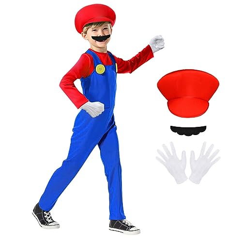 ACWOO Disfraz de Mario y Luigi para Niños, Cosplay con Traje, Gorra, Barba y Guantes, para Carnaval Halloween, L