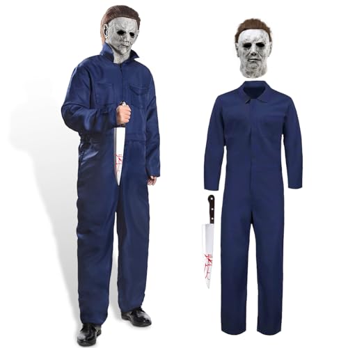 Ulikey Disfraz de Halloween Michael Myers para Adultos, Conjunto de Disfraz de Cosplay de Terror con Mono Ropa de Trabajo para Hombres y Máscara de Michael Myers de para Carnaval Halloween (M)