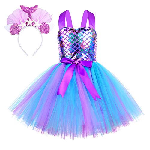 Disfraz Sirenita Niña Vestido Sirenita Niñas Sirena Vestidos Falda de Sirena Niña Vestido de Sirena Traje Sirena Niña con Diadema Fiesta Carnaval Disfraces Vestido Halloween 2 3 4 5 6 7 8 años