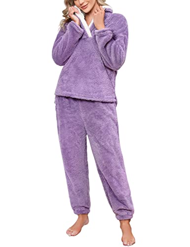 Niwicee Pijama para Mujer Invierno Conjunto de Pijama Forro Polar Super Suave Ropa de Dormir 2 Piezas Damas Ropa de Noche Manga Larga cálida y Pantalones Largos con Bolsillo(Morado,XL)