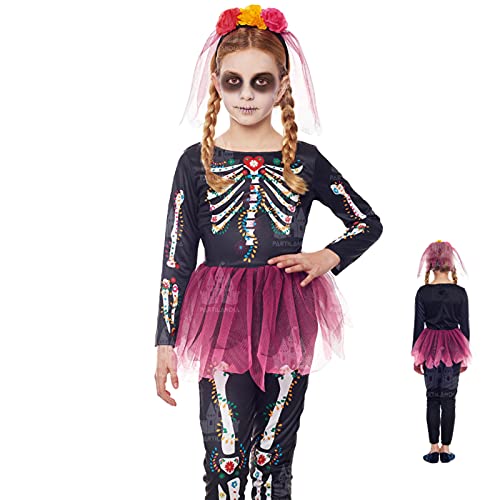Disfraz Catrina Niña Mono con Tutú Fucsia Esqueleto y Velo [Talla 5-6 años]【Disponibles Tallas Infantiles 3 a 12 años】 Disfraces Halloween Niñas Día de los Muertos