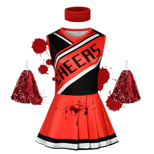 AOMIG Disfraz Animadora Mujer, 4pcs Juego de Disfraz Porrista con Pompones y Diadema, Vestido Mujer de Animadora para Escuela Secundaria, Disfraz Mujer Halloween Fiesta Actuaciones (Rojo-L)
