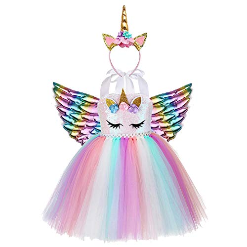AJEUNGAIN Disfraz Unicornio Niña para Fiesta de Princesa Unicornio Cumpleaños Niña, Lentejuela Vestido Unicornio Niña, Vestido Tutú para Niñas de Flores Arcoíris